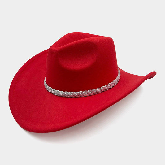 Red Stone Paved Twisted Strap Band Pointed Cowboy Fedora Hat - M H W ACCESSORIES LLC
