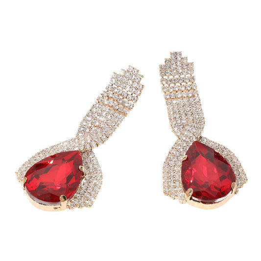 Red Teardrop Glass Paved Evening Earrings - M H W ACCESSORIES LLC