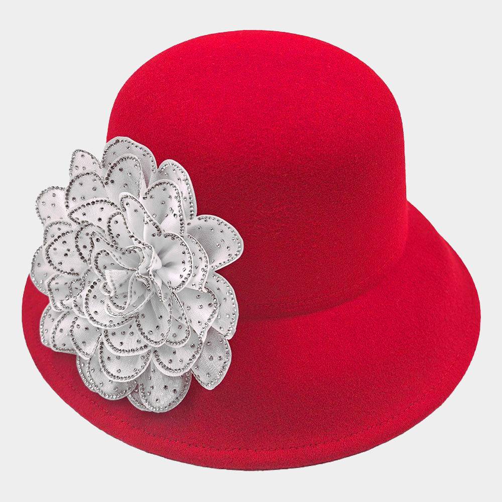 Red & White Bling Studded Flower Accented Felt Bucket Hat - M H W ACCESSORIES LLC