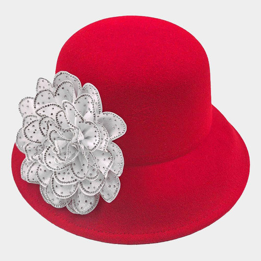 Red & White Bling Studded Flower Accented Felt Bucket Hat - M H W ACCESSORIES LLC