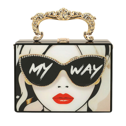Retro Pop Art Lady My Way Message Printed Box Clutch Bag / Crossbody Bag - M H W ACCESSORIES LLC