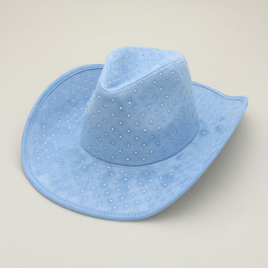 Rhinestone Embellished Blue Faux Suede Western Fedora Cowboy Hat - M H W ACCESSORIES LLC