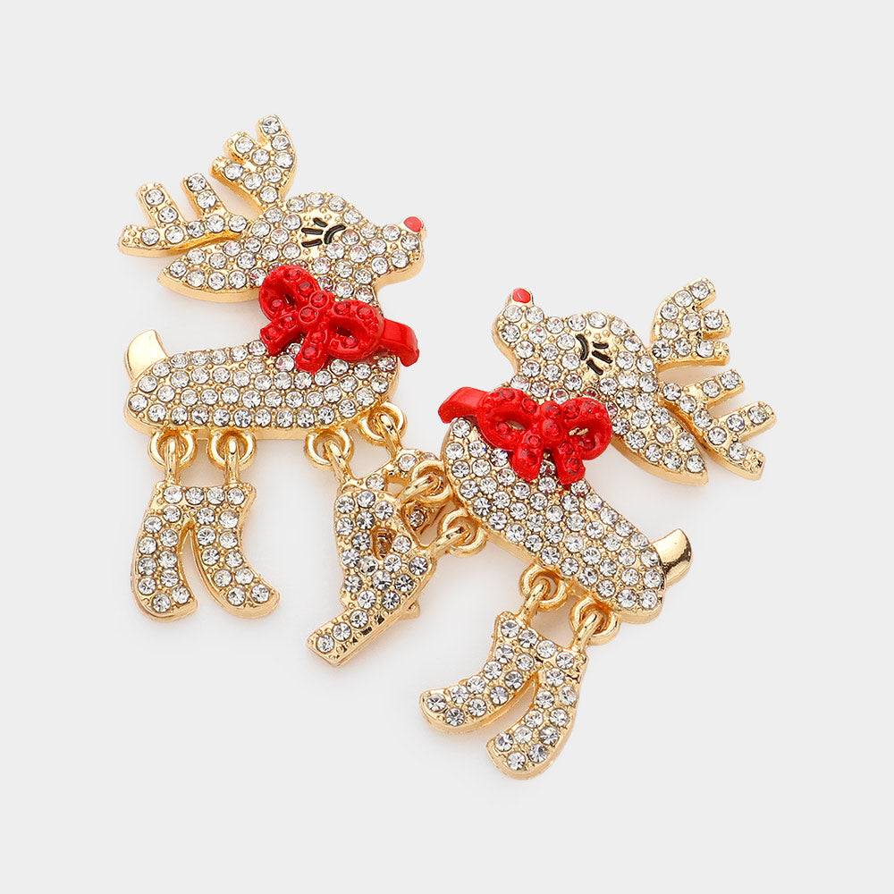 Rhinestone Embellished Bow Pointed Gold Rudolph Dangle Earrings - M H W ACCESSORIES LLC