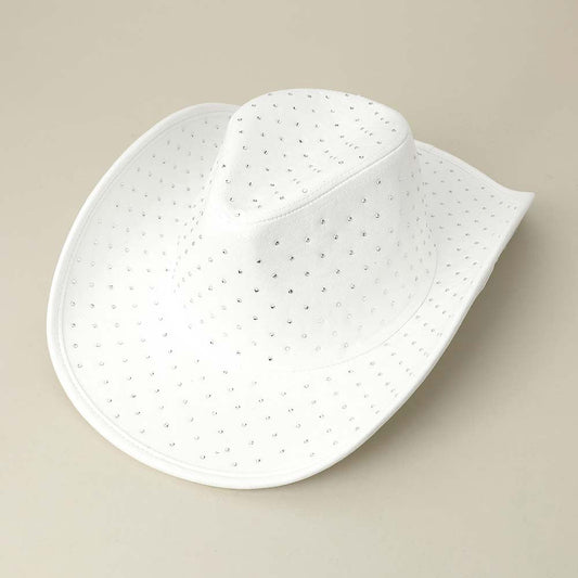 Rhinestone Embellished White Faux Suede Western Fedora Cowboy Hat - M H W ACCESSORIES LLC