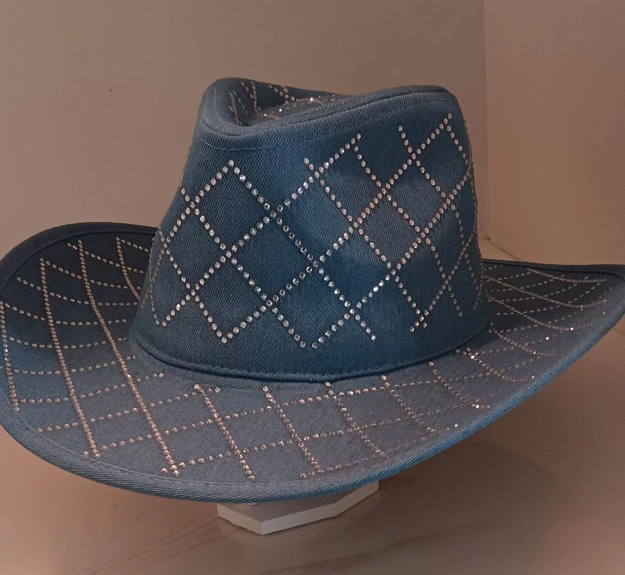 Rhinestone Mesh Pattern Denim Western Cowboy Fedora Hat - M H W ACCESSORIES LLC