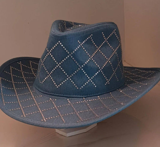 Rhinestone Mesh Pattern Denim Western Cowboy Fedora Hat - M H W ACCESSORIES LLC