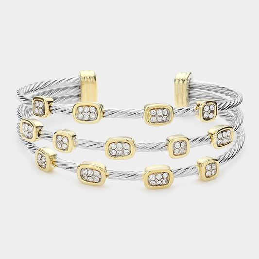 Rhinestone Two Tone Embellished Split Metal Cuff Bracelet - M H W ACCESSORIES LLC