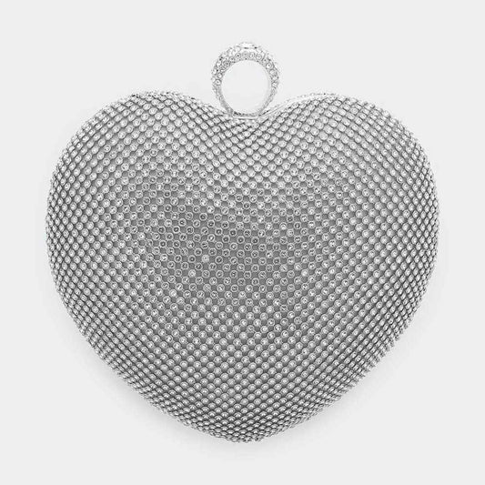 Rhodium Crossbody Bag Rhinestone Embellished Heart Evening Clutch / Crossbody Bag - M H W ACCESSORIES LLC