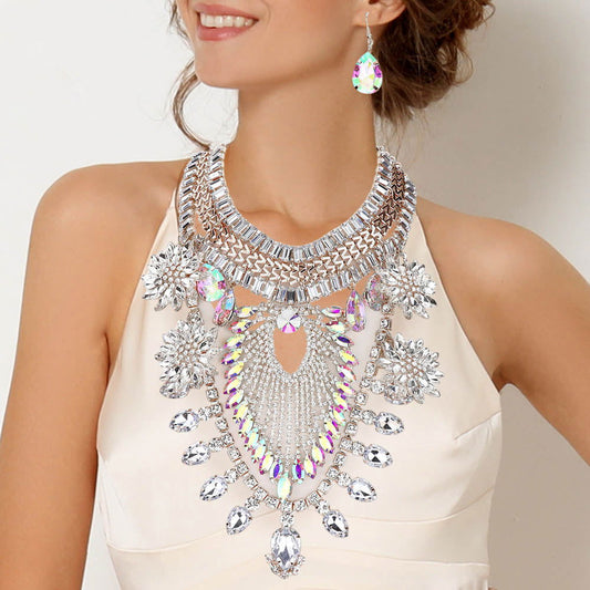 Rhodium Flower Teardrop Marquise Stone Embellished Chain Details Statement Necklace - M H W ACCESSORIES LLC