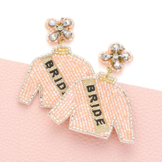 Rose Gold BRIDE Felt Back Beaded Suit Dangle Earrings-M H W ACCESSORIES - M H W ACCESSORIES LLC