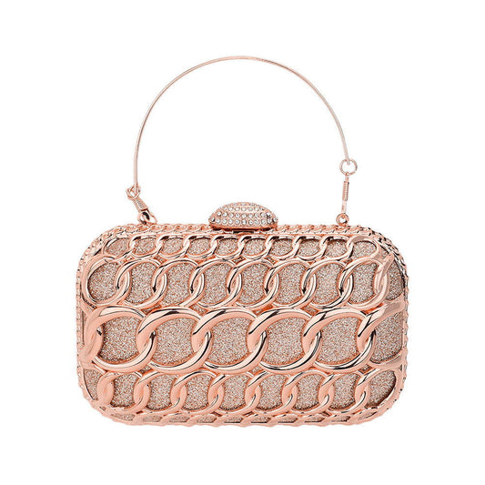 Rose Gold Metal Link Embellished Glittered Evening Clutch Bag - M H W ACCESSORIES LLC