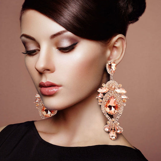 Rose Gold Peach Oversized Glass Crystal Stone Pave Crystal Rhinestone Evening Earrings - M H W ACCESSORIES LLC