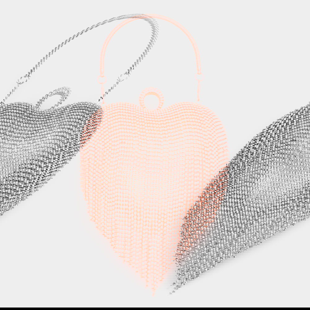 Rose Gold Rhinestone Fringe Heart Evening Tote / Clutch / Crossbody Bag - M H W ACCESSORIES LLC