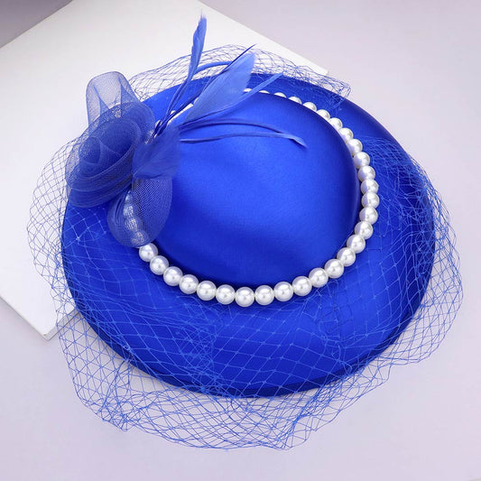 Royal Blue Mesh Flower Feather Pearl Trimmed Fascinator / Headband - M H W ACCESSORIES LLC