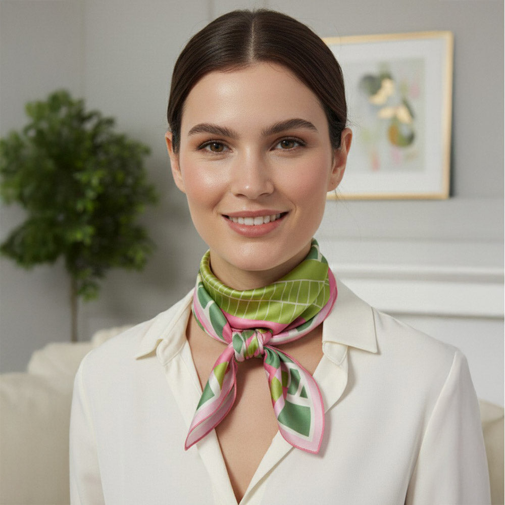 Pink & Green Geometric Color Block Print Square Bandana Scarf