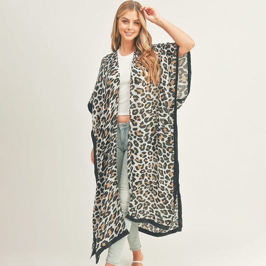Leopard Patterned Cover Up Kimono Poncho - M H W ACCESSORIES LLC
