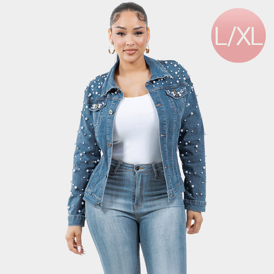 Medium Blue Bling Pearl Bling Denim Jacket L/XL