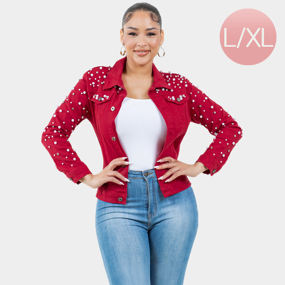 Red Denim Bling Pearl Jacket L/XL - M H W ACCESSORIES LLC