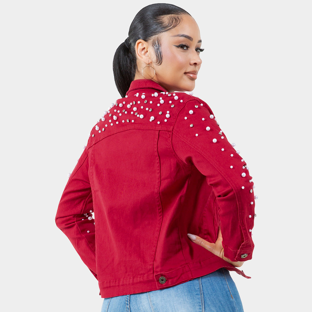 Red Denim Bling Pearl Jacket L/XL - M H W ACCESSORIES LLC