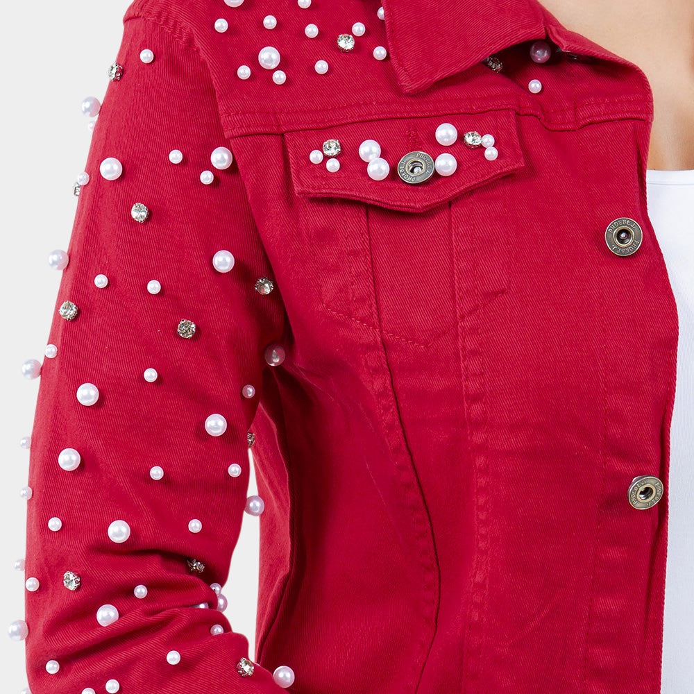 Red Denim Bling Pearl Jacket L/XL - M H W ACCESSORIES LLC