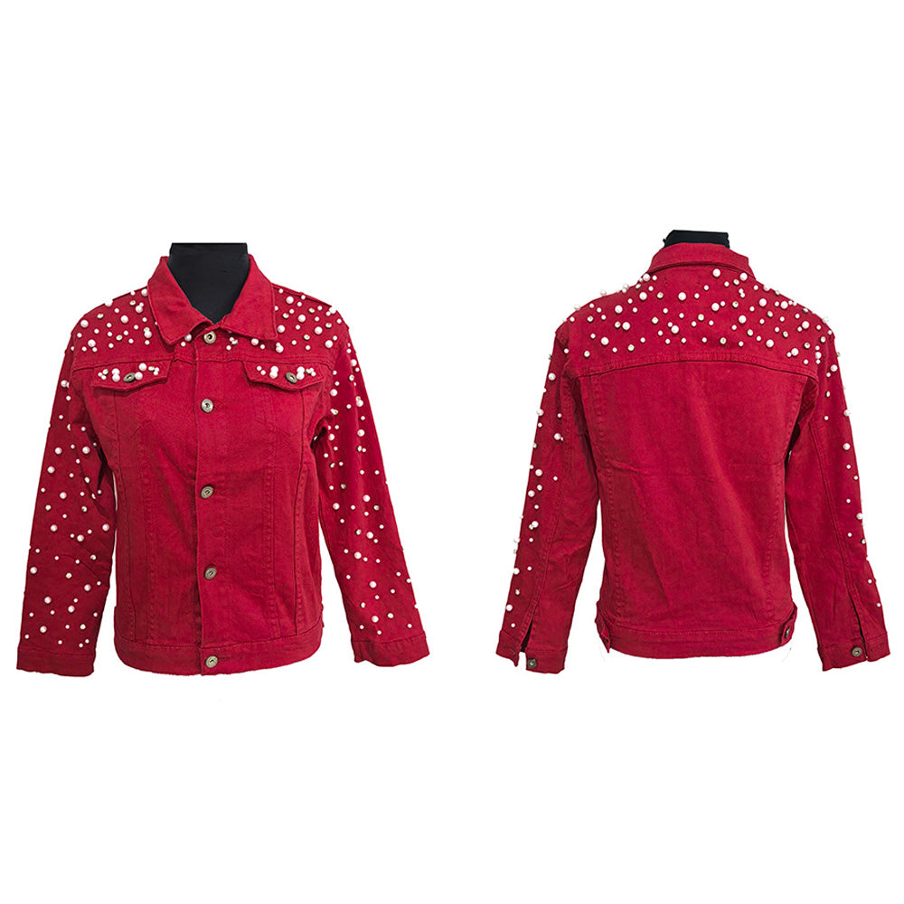 Red Denim Bling Pearl Jacket L/XL - M H W ACCESSORIES LLC