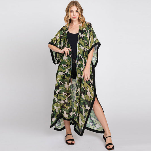 Camo Print Front Open Long Kimono Poncho - M H W ACCESSORIES LLC