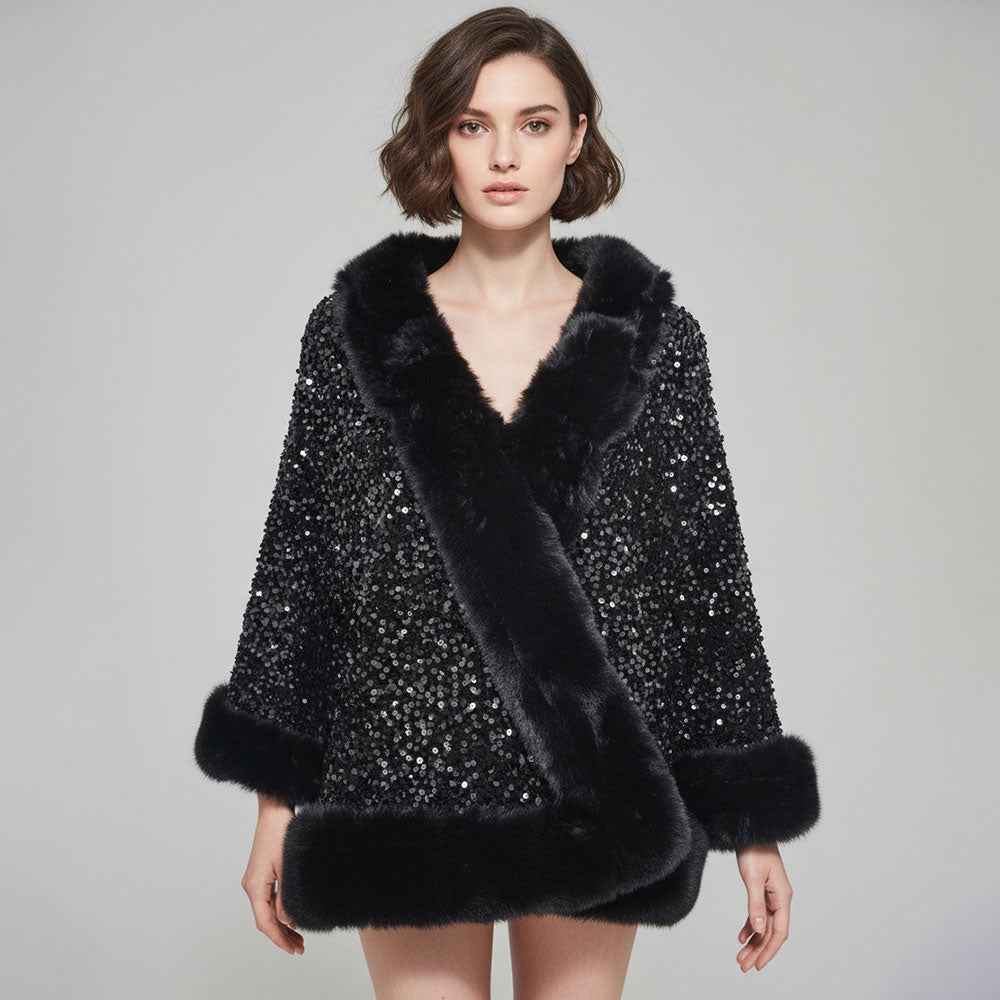 Black Festive Sequin Faux Fur Trim Shawl Poncho