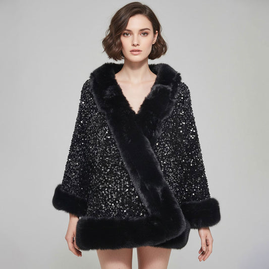 Black & Silver Festive Sequin Faux Fur Trim Shawl Poncho