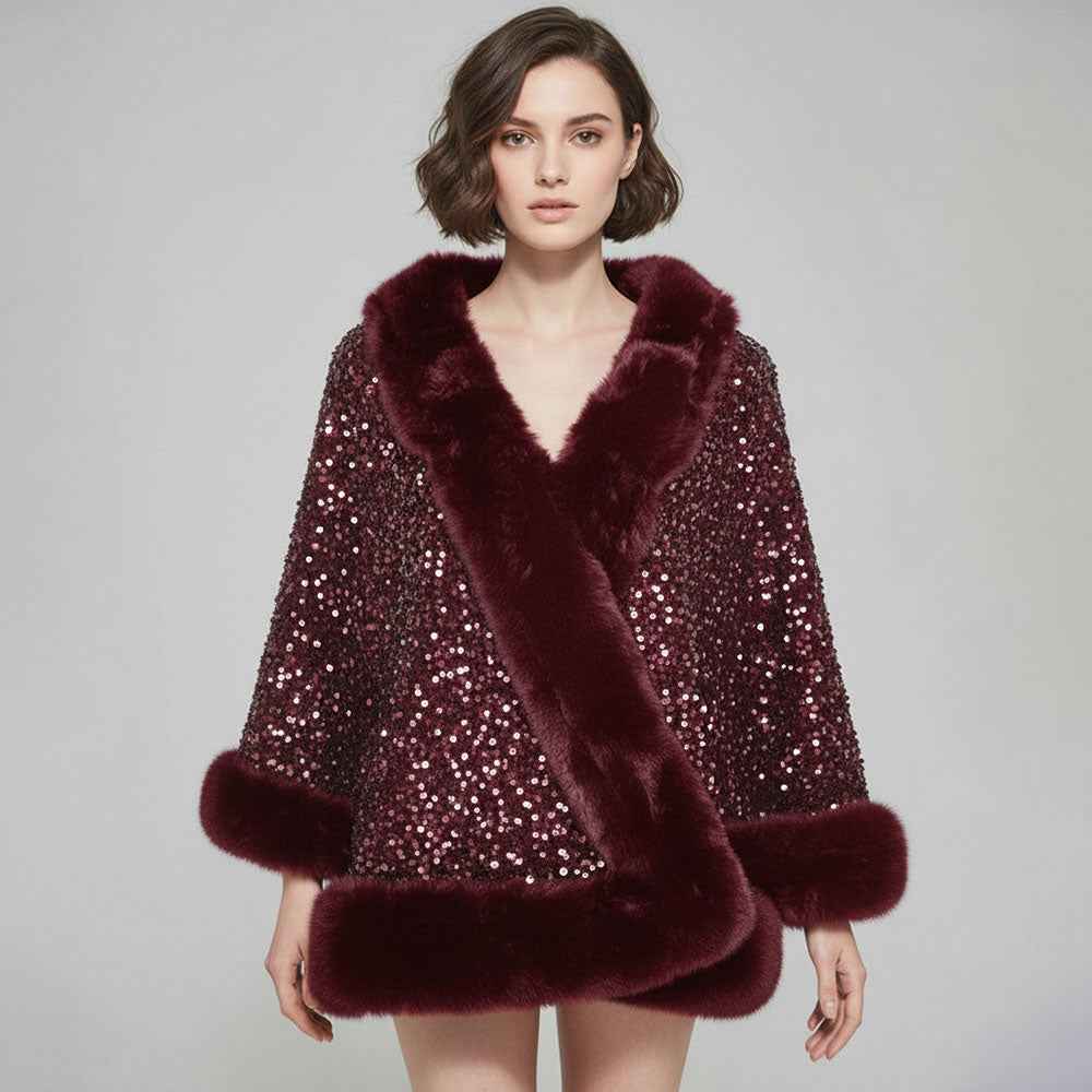 Burgundy Festive Sequin Faux Fur Trim Shawl Poncho