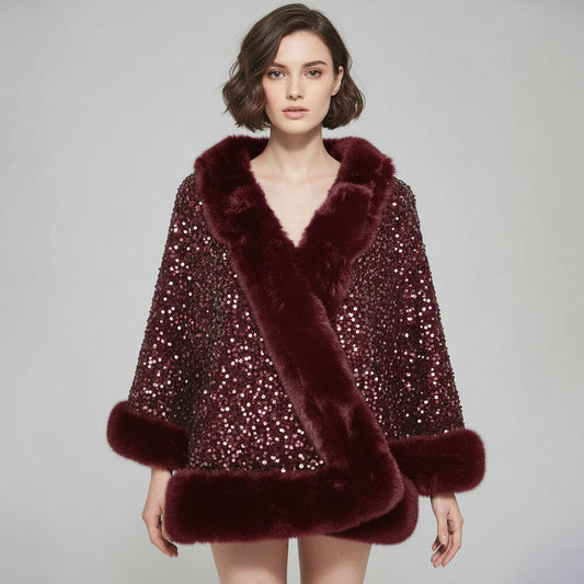 Burgundy Festive Sequin Faux Fur Trim Shawl Poncho