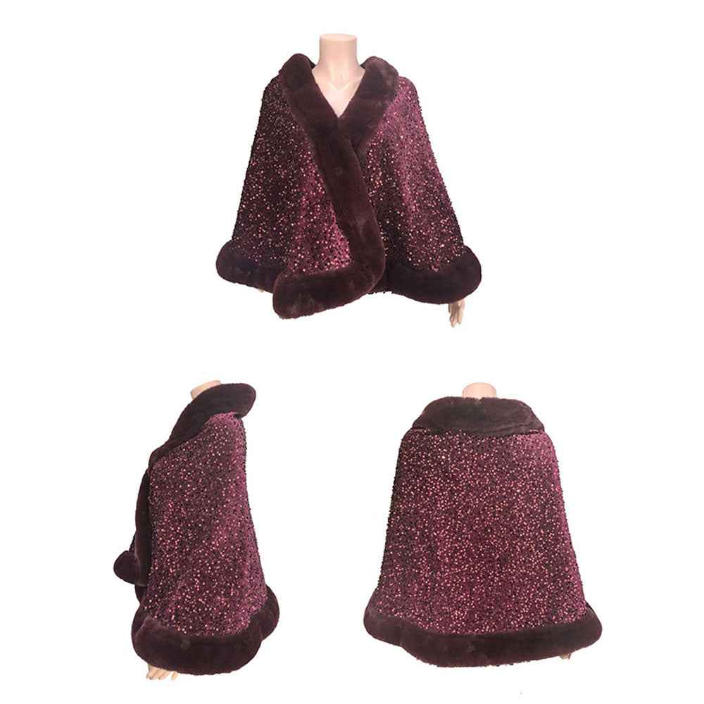 Burgundy Festive Sequin Faux Fur Trim Shawl Poncho