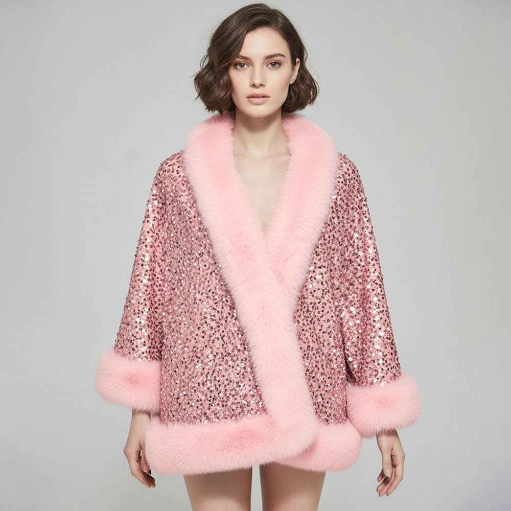 Pink Festive Sequin Faux Fur Trim Shawl Poncho