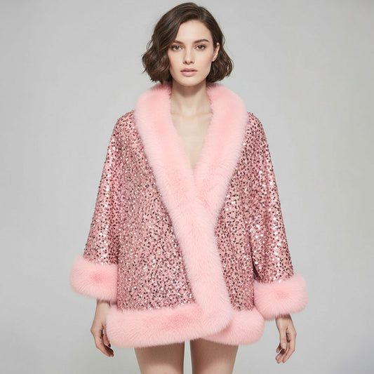 Pink Festive Sequin Faux Fur Trim Shawl Poncho