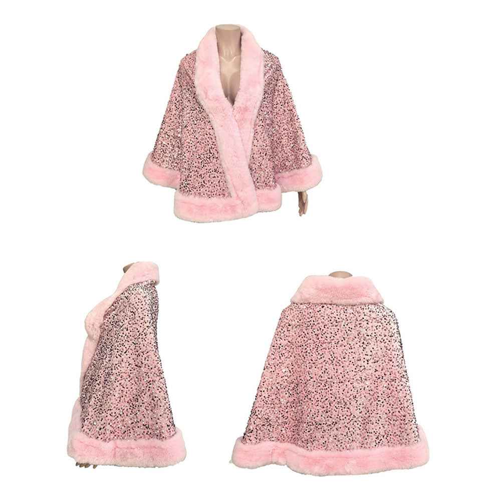 Pink Festive Sequin Faux Fur Trim Shawl Poncho