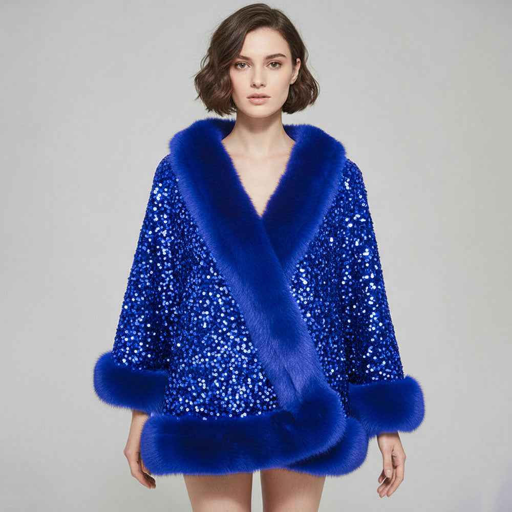 Royal Blue Festive Sequin Faux Fur Trim Shawl Poncho