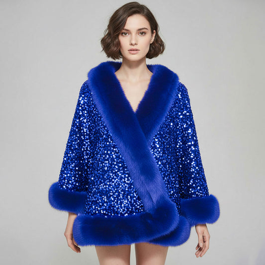 Royal Blue Festive Sequin Faux Fur Trim Shawl Poncho