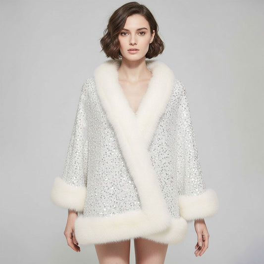 Silver & White Festive Sequin Faux Fur Trim Shawl Poncho