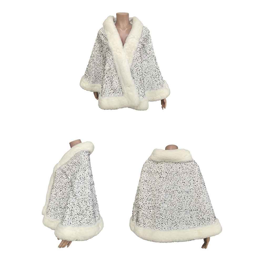 Silver & White Festive Sequin Faux Fur Trim Shawl Poncho