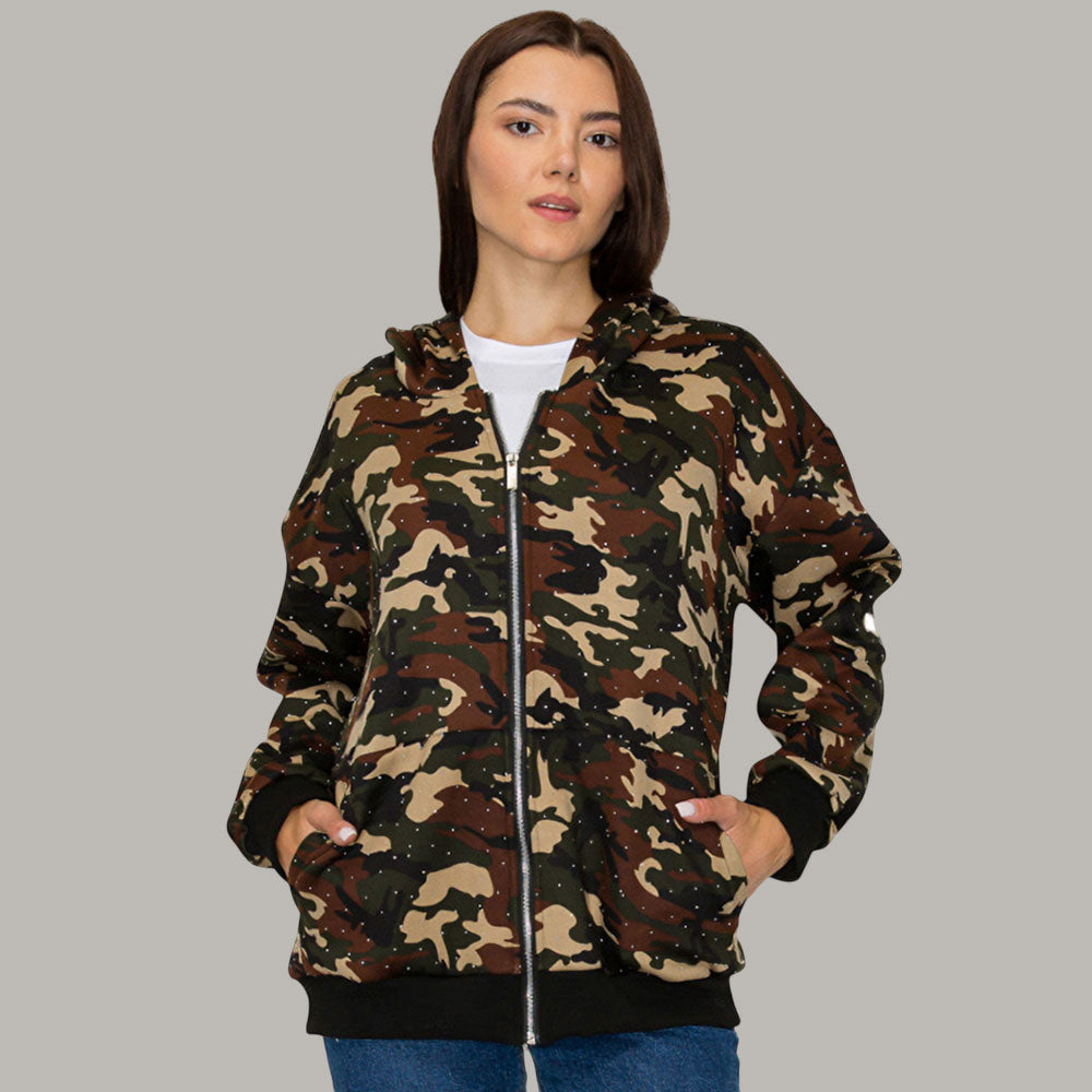 Rhinestone Studded Camouflage Pattern Hooded Jacket M H W ACCESSORIES LLC Rhinestone Studded Camouflage Pattern Hooded Jacket