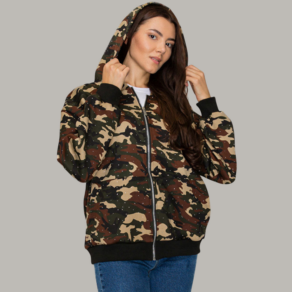 Rhinestone Studded Camouflage Pattern Hooded Jacket M H W ACCESSORIES LLC Rhinestone Studded Camouflage Pattern Hooded Jacket