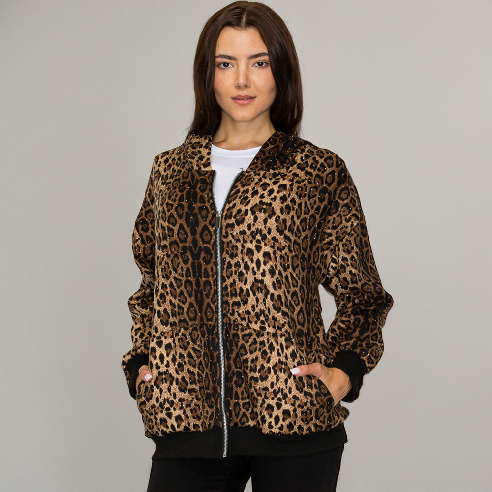Rhinestone Studded Animal Leopard Pattern Hooded Jacket M H W ACCESSORIES LLC Rhinestone Studded Animal Leopard Pattern Hooded Jacket