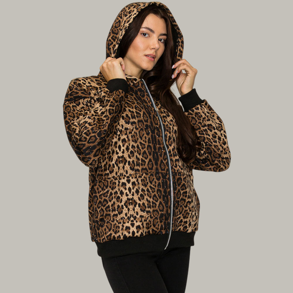 Rhinestone Studded Animal Leopard Pattern Hooded Jacket M H W ACCESSORIES LLC Rhinestone Studded Animal Leopard Pattern Hooded Jacket