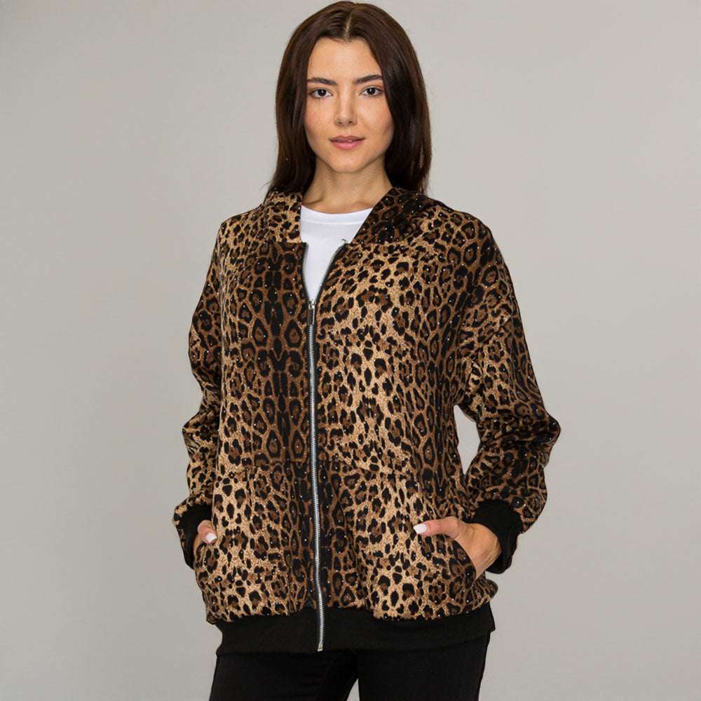 Rhinestone Studded Animal Leopard Pattern Hooded Jacket M H W ACCESSORIES LLC Rhinestone Studded Animal Leopard Pattern Hooded Jacket