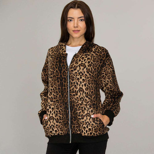 Rhinestone Studded Animal Leopard Pattern Hooded Jacket M H W ACCESSORIES LLC Rhinestone Studded Animal Leopard Pattern Hooded Jacket