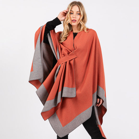 Rust Two Tone Pull Through Shawl Ruana Poncho - M H W ACCESSORIES LLC