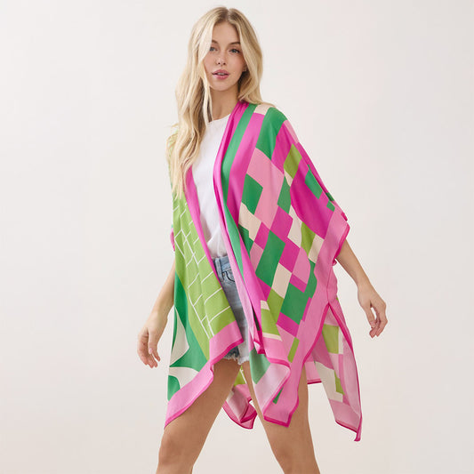 Pink & Green Geometric Pattern Kimono Poncho Wrap