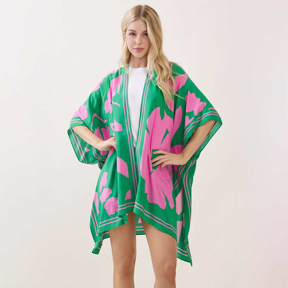 Pink & Green Lightweight Floral Pattern Kimono Poncho Wrap