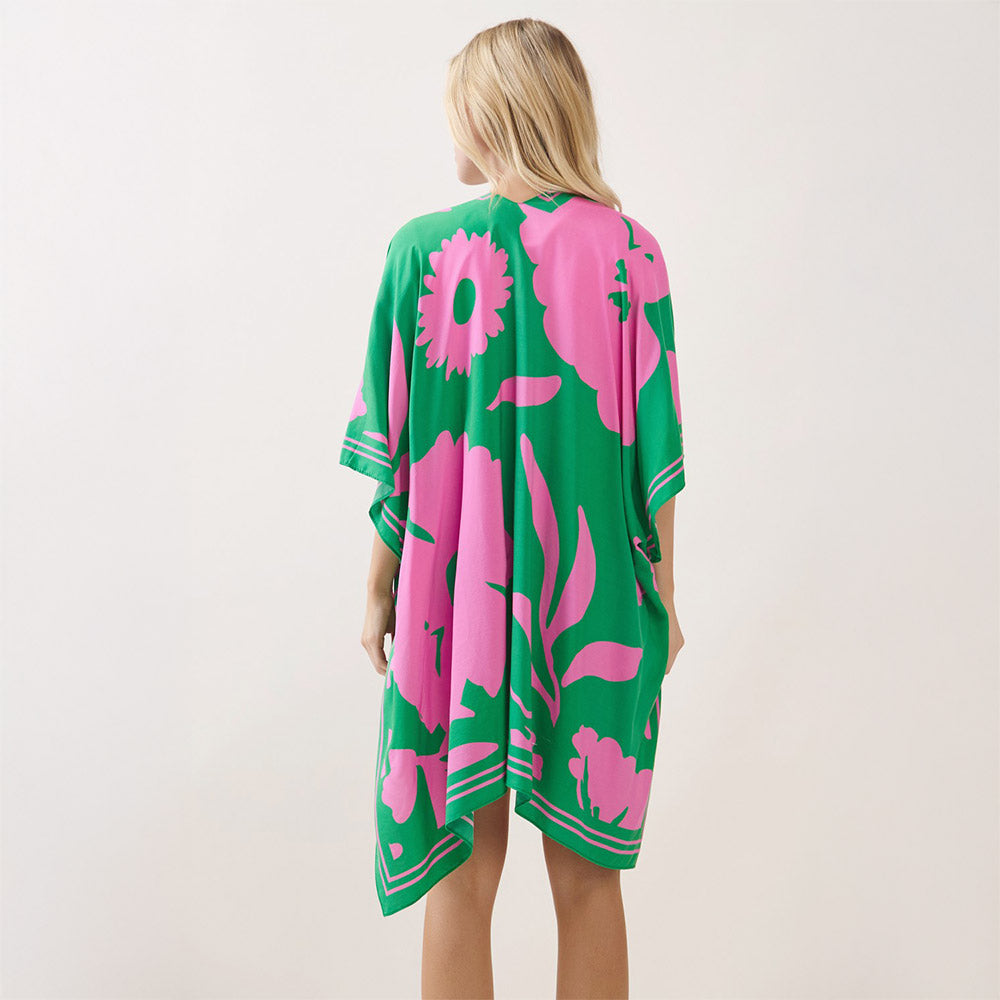 Pink & Green Lightweight Floral Pattern Kimono Poncho Wrap