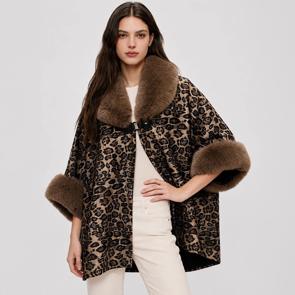 Faux Fur Collar Cuff Trim Suede Leopard Print Cape Coat M H W ACCESSORIES LLC Faux Fur Collar Cuff Trim Suede Leopard Print Cape Coat