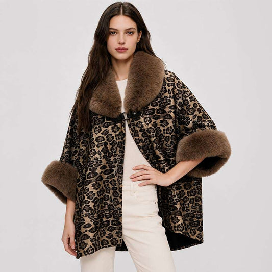 Faux Fur Collar Cuff Trim Suede Leopard Print Cape Coat M H W ACCESSORIES LLC Faux Fur Collar Cuff Trim Suede Leopard Print Cape Coat